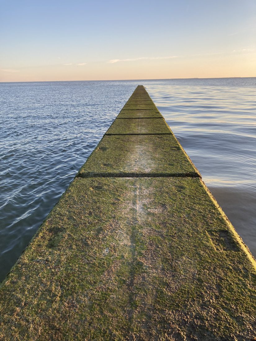 Eine schmale, bemooste Mole läuft gerade ins ruhige Meer hinaus, dahinter der Horizont im Abendlicht